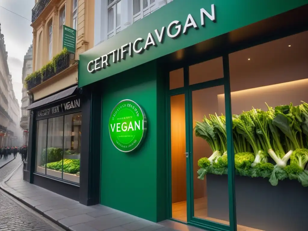 Tienda moderna con sello 'Certificación Vegana' en ventana, reflejando ciudad