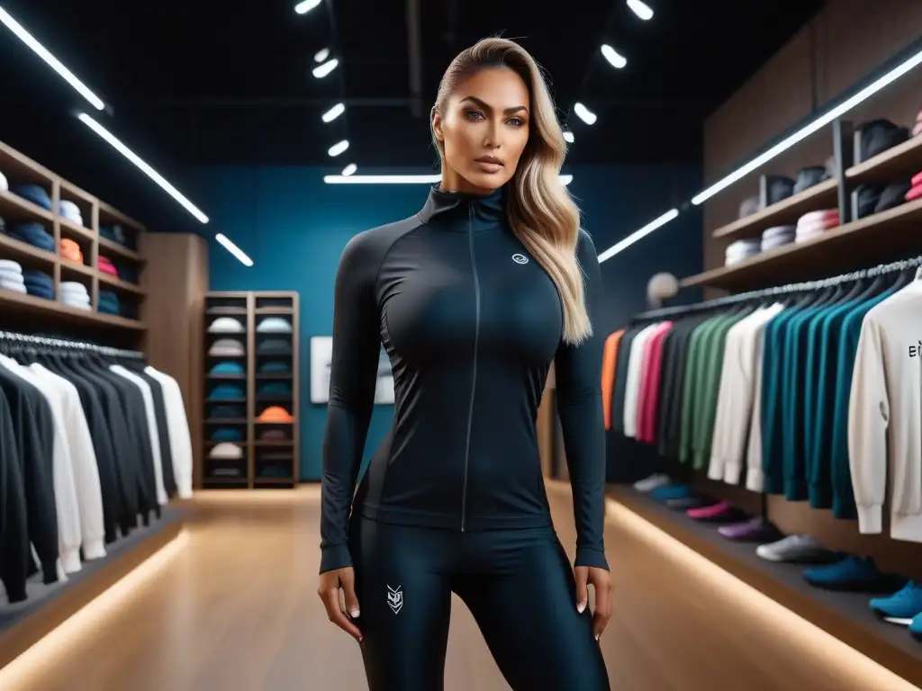 Una tienda de ropa deportiva vegana de calidad con diseño minimalista y prendas coloridas sostenibles en exhibición