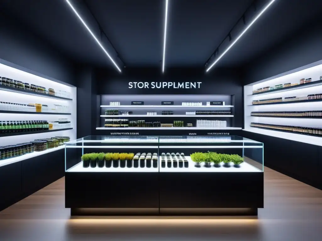 Una tienda de suplementos veganos de alta calidad con diseño moderno y elegante, iluminación suave y toques de frescura