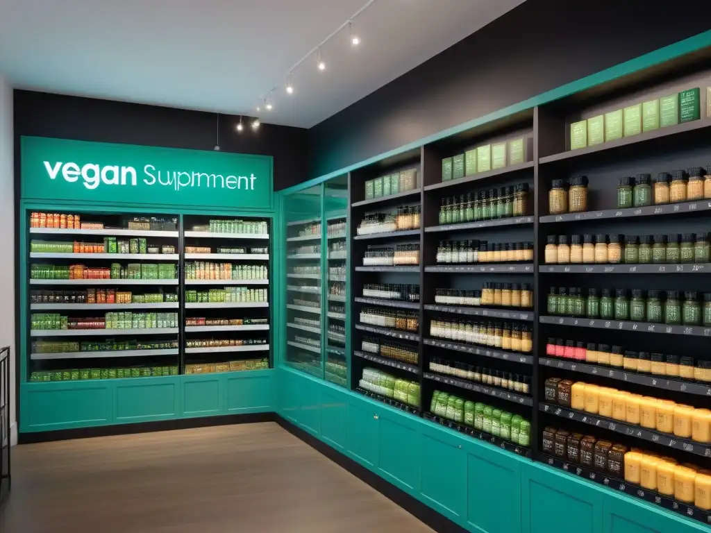 Una tienda de suplementos veganos de alta gama con estética sofisticada y lujosa