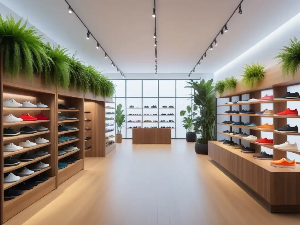 Una tienda de zapatillas moderna y sostenible con ambiente eco-lujoso, resaltando zapatillas veganas cómodas y sostenibles