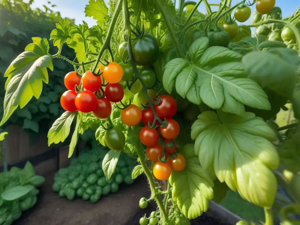 Tomates rojos brillantes colgando en un jardín urbano, perfecto para cultivar verduras en espacios pequeños