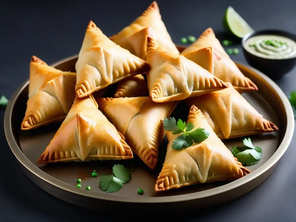 Tray de samosas veganas doradas y crujientes, rellenas de papas y guisantes, adornadas con semillas de sésamo y cilantro fresco