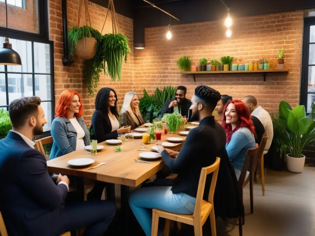 Una tribu vegana diversa y vibrante comparte ideas en un animado encuentro en un café urbano