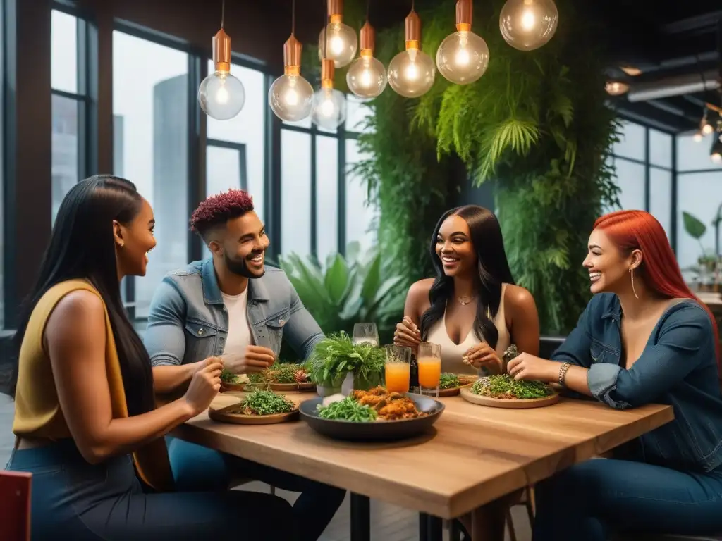 Una tribu vegana en un restaurante moderno, compartiendo platos y risas, reflejando la conexión y la pasión por el veganismo