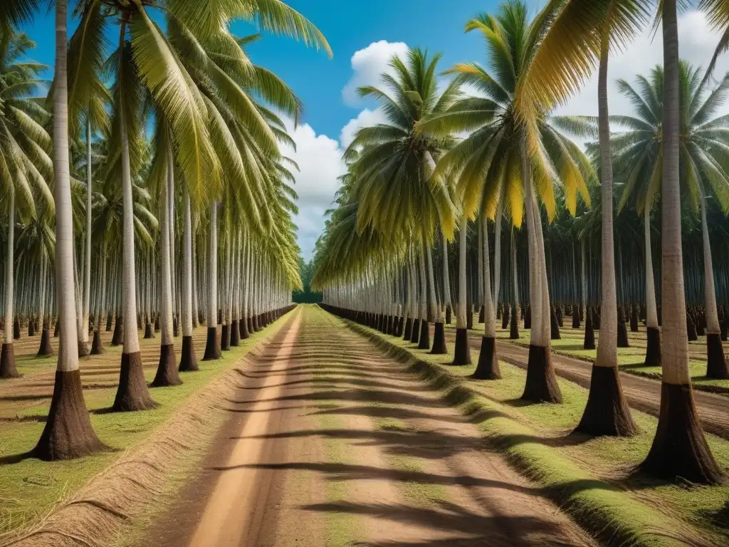 Plantación tropical de coco con agricultores cosechando frutos maduros bajo un cielo azul