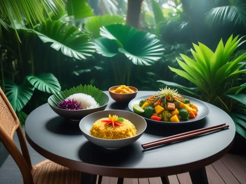 Un jardín tropical exuberante en el sudeste asiático, con deliciosa comida vegana