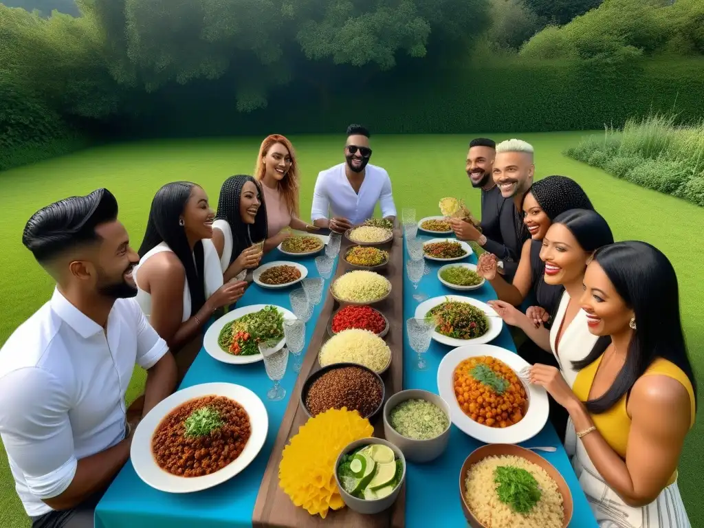 Unidas por el veganismo como motor de cambio, diversas personas disfrutan de platos coloridos en comunidad al aire libre