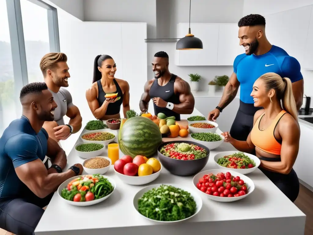 Unidos por almuerzos veganos para deportistas: atletas disfrutan de comidas saludables en cocina moderna y vibrante