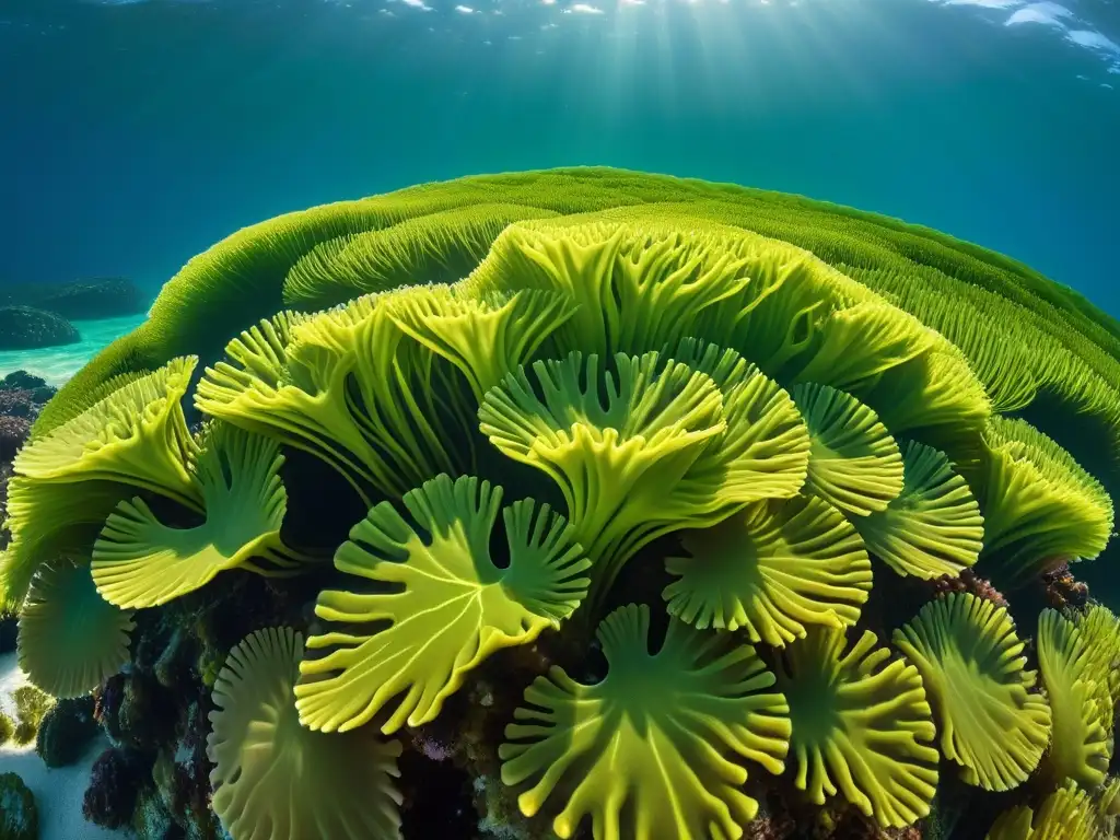 Un universo de verduras ricas en Omega3 veganas se despliega en el mar, con algas verdes vibrantes bailando bajo el sol