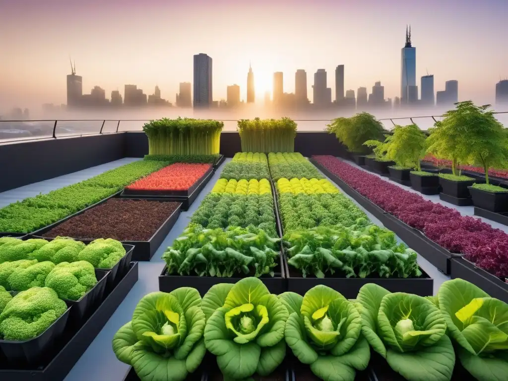 Jardín urbano en la azotea con vegetales orgánicos vibrantes bajo el amanecer dorado