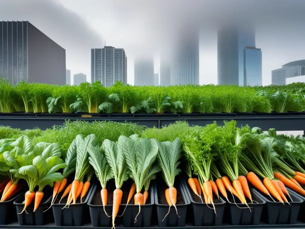 Un jardín urbano exuberante con zanahorias naranjas y verduras frescas en macetas