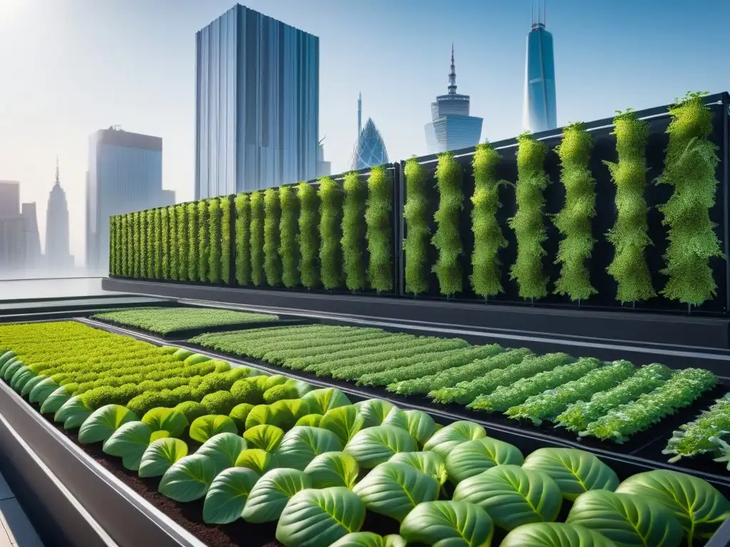 Un jardín urbano futurista con tecnologías para cultivo vegano urbano, vegetales vibrantes y ciudad moderna al fondo