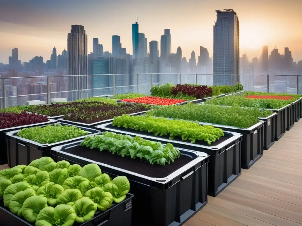 Un jardín urbano moderno y vibrante con compostaje en casa para huerto urbano, rodeado de edificios altos al atardecer