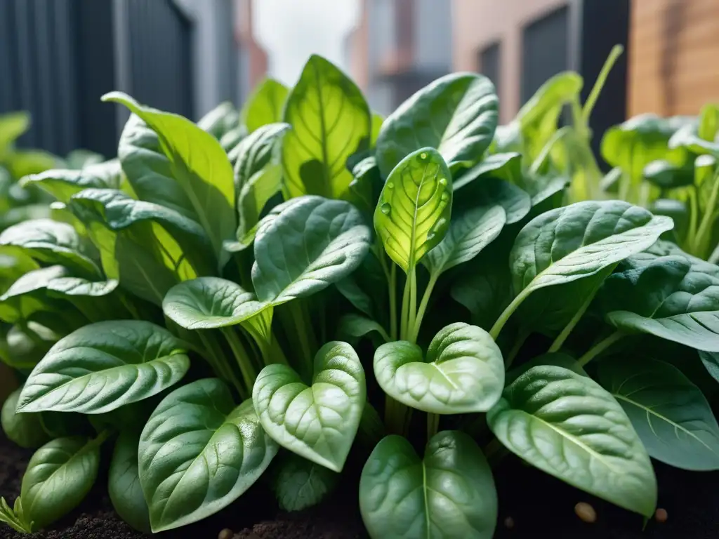 Un jardín urbano pequeño rebosante de espinacas verdes frescas con gotas de rocío