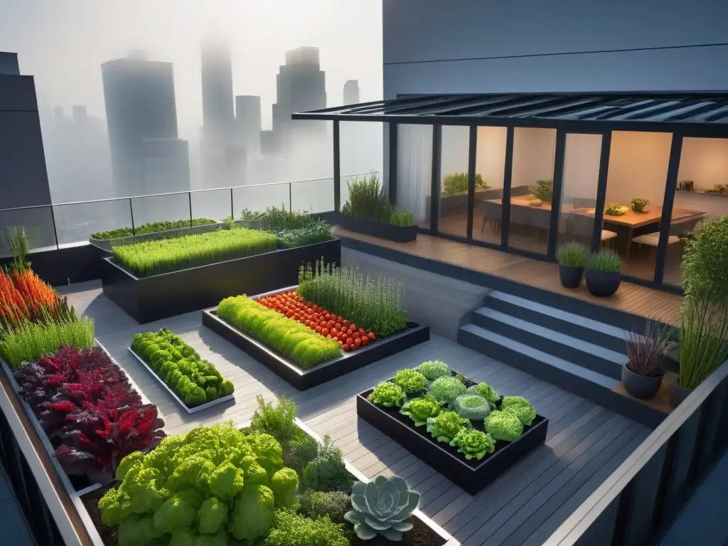 Un jardín urbano sostenible en la azotea, con vegetales coloridos y un sistema de recolección de agua de lluvia