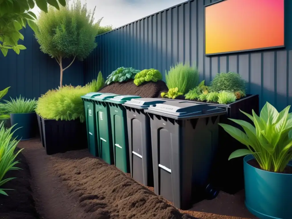 Un jardín urbano sostenible con compostaje en casa para huerto urbano, resaltando belleza y funcionalidad