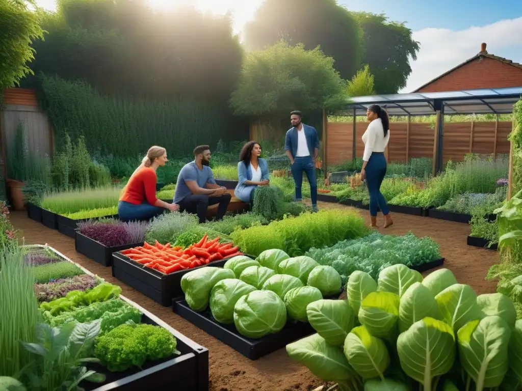 Un jardín urbano sostenible repleto de diversidad y alegría, rompiendo prejuicios sobre el veganismo