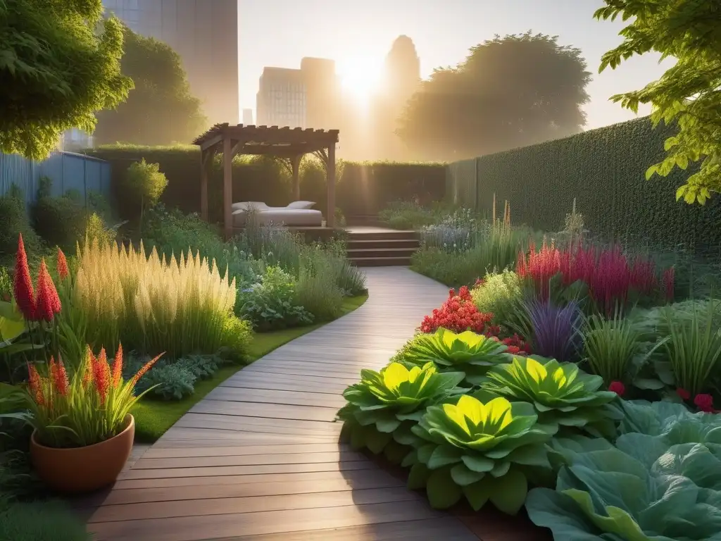 Un jardín urbano vegano sereno al atardecer, con plantas verdes, flores coloridas y vegetales en lechos elevados