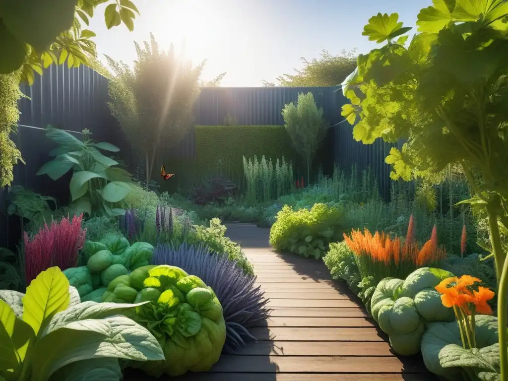 Un jardín urbano vegano vibrante y exuberante, lleno de vegetales, frutas y hierbas