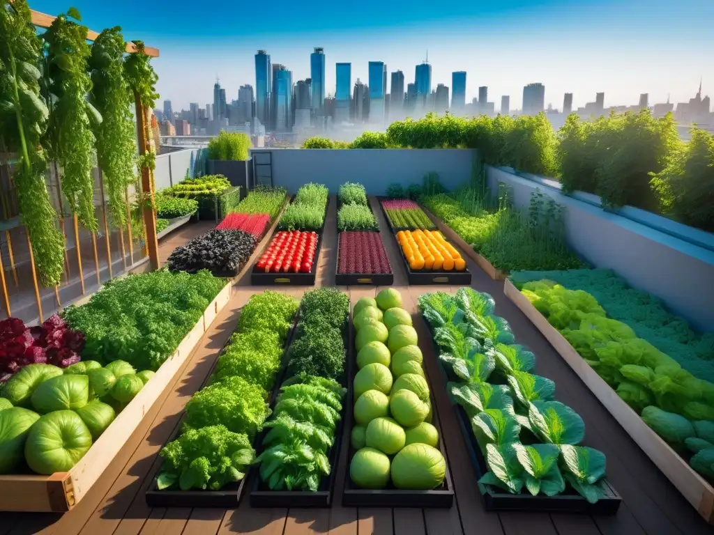 Un jardín urbano vegano vibrante con verduras y frutas rodeado de edificios modernos