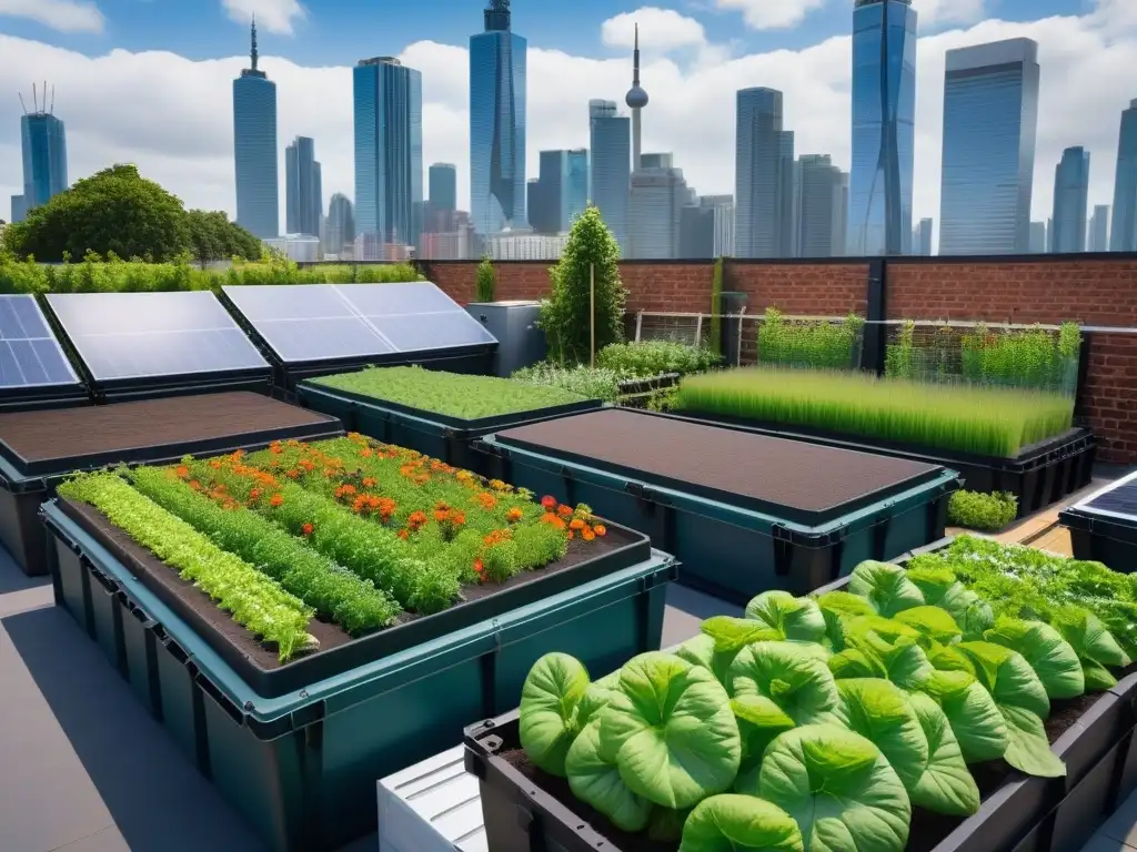 Un jardín urbano vibrante y bullicioso con plantas exuberantes y coloridas flores, rodeado de equipos sostenibles