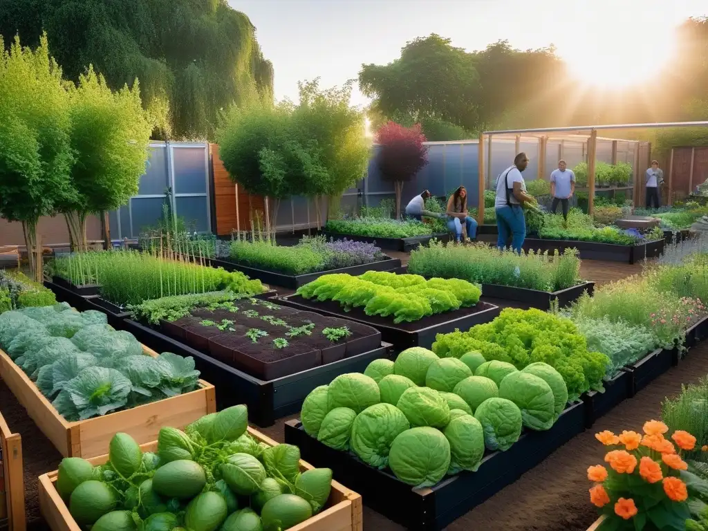 Un jardín urbano vibrante y diverso, lleno de frutas, verduras y flores coloridas