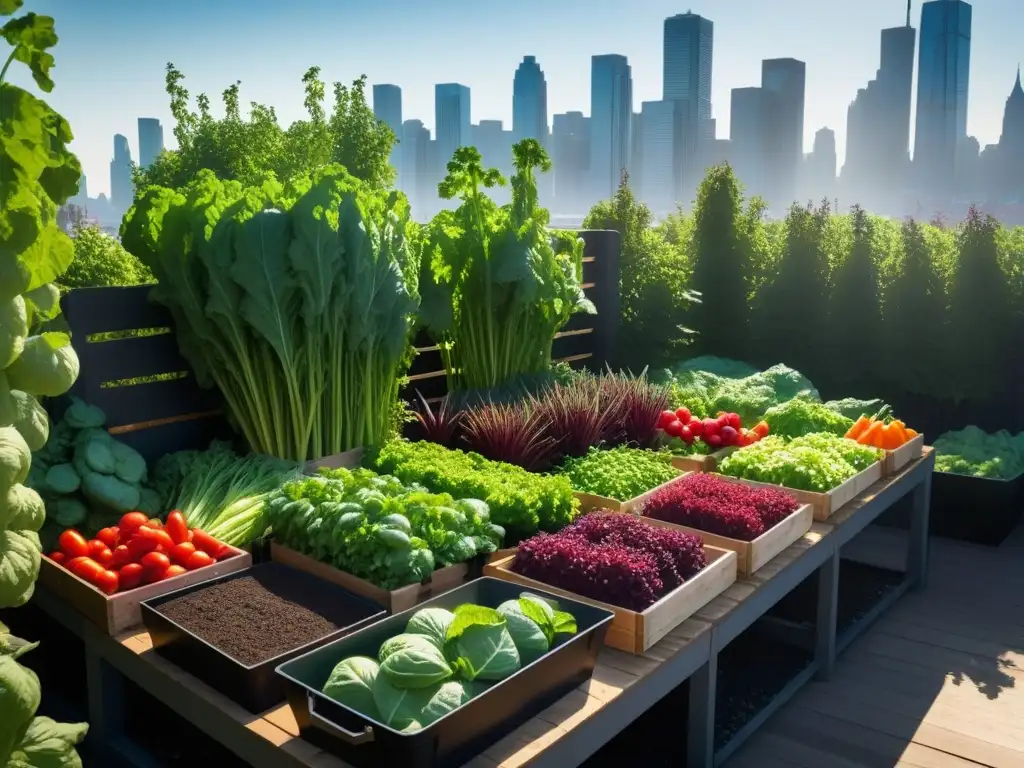 Un jardín urbano vibrante y exuberante, con verduras y hierbas coloridas, organizadas en camas elevadas