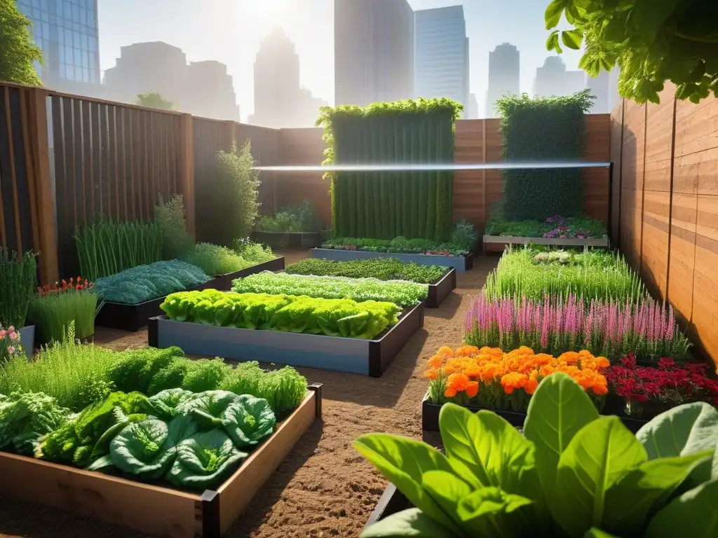 Un jardín urbano vibrante lleno de vegetales y flores coloridas, organizado y sostenible