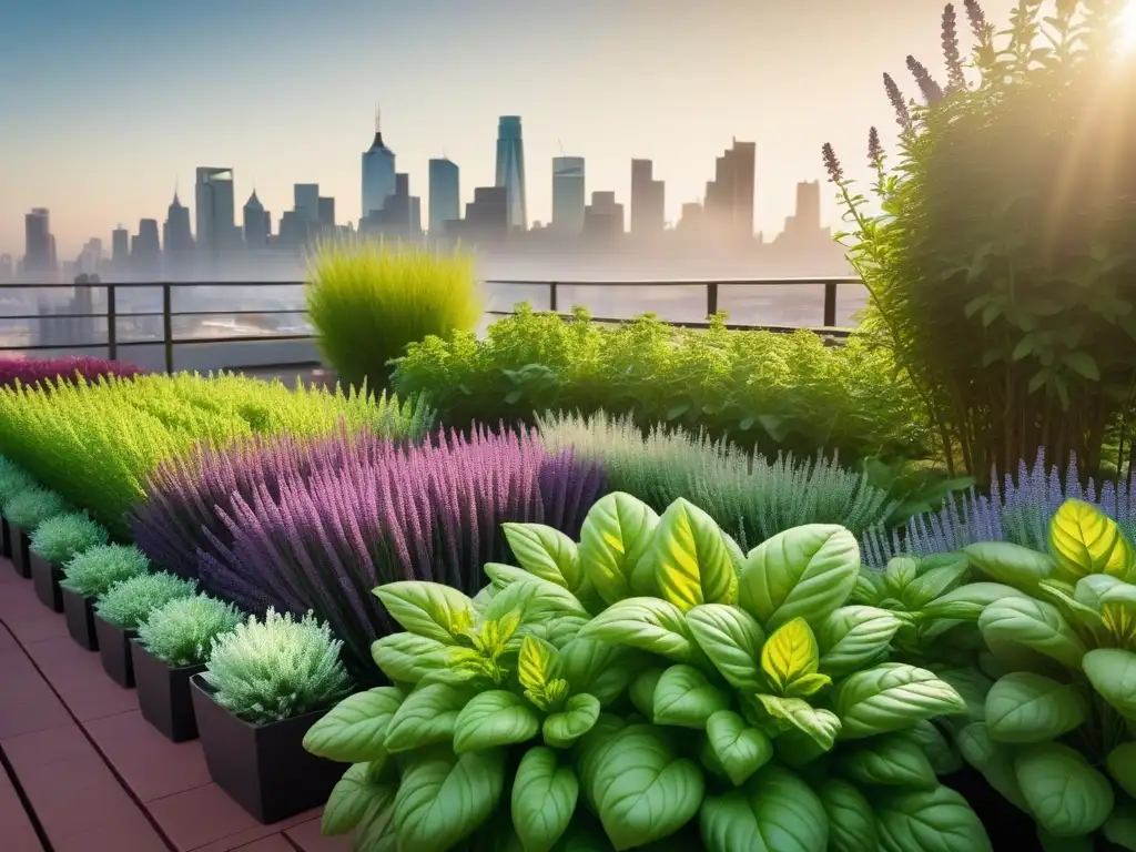 Un jardín urbano vibrante con plantas aromáticas en filas ordenadas, iluminado por el sol