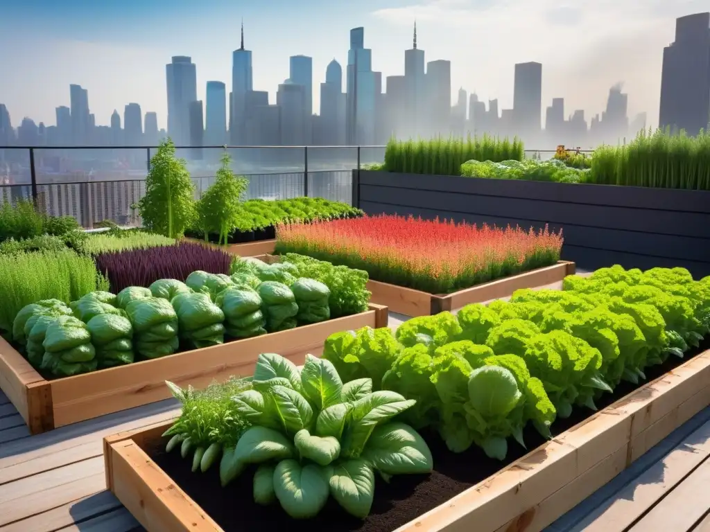 Un jardín urbano vibrante con vegetales y hierbas coloridas en camas elevadas de madera reciclada