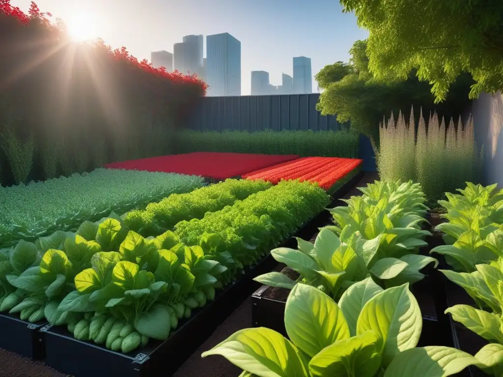 Un jardín urbano vibrante con verduras fáciles de cultivar en espacios pequeños, destacando pimientos coloridos y abejas revoloteando