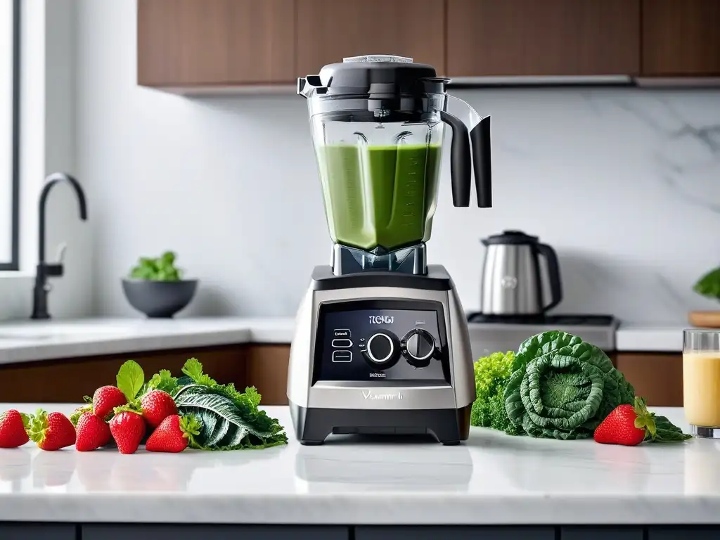 Utensilios de cocina de lujo para recetas veganas: Vitamix A3500 en mármol blanco con frutas y verduras frescas listas para batir en smoothie