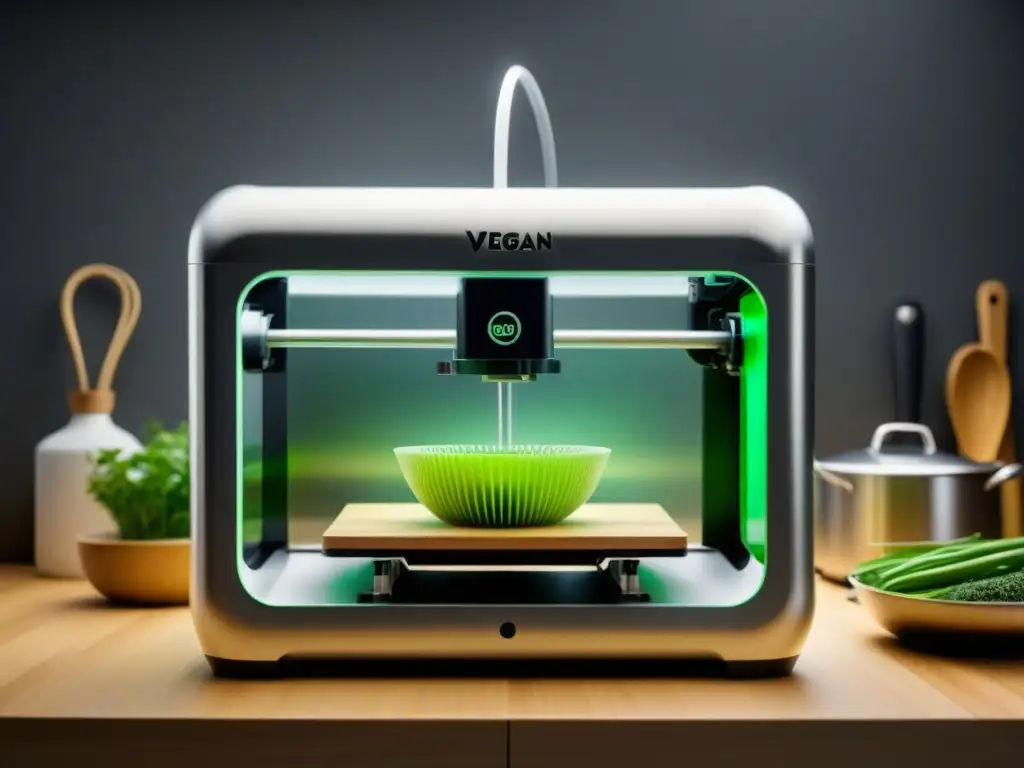 Un 3D printer crea utensilios cocina veganos sostenibles en una cocina futurista y sostenible
