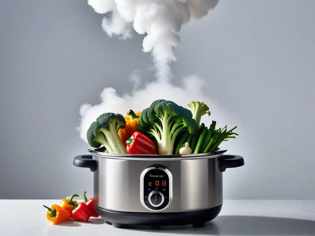 Una vaporera de acero inoxidable llena de coloridas verduras al vapor, ideal para cocinar platos veganos