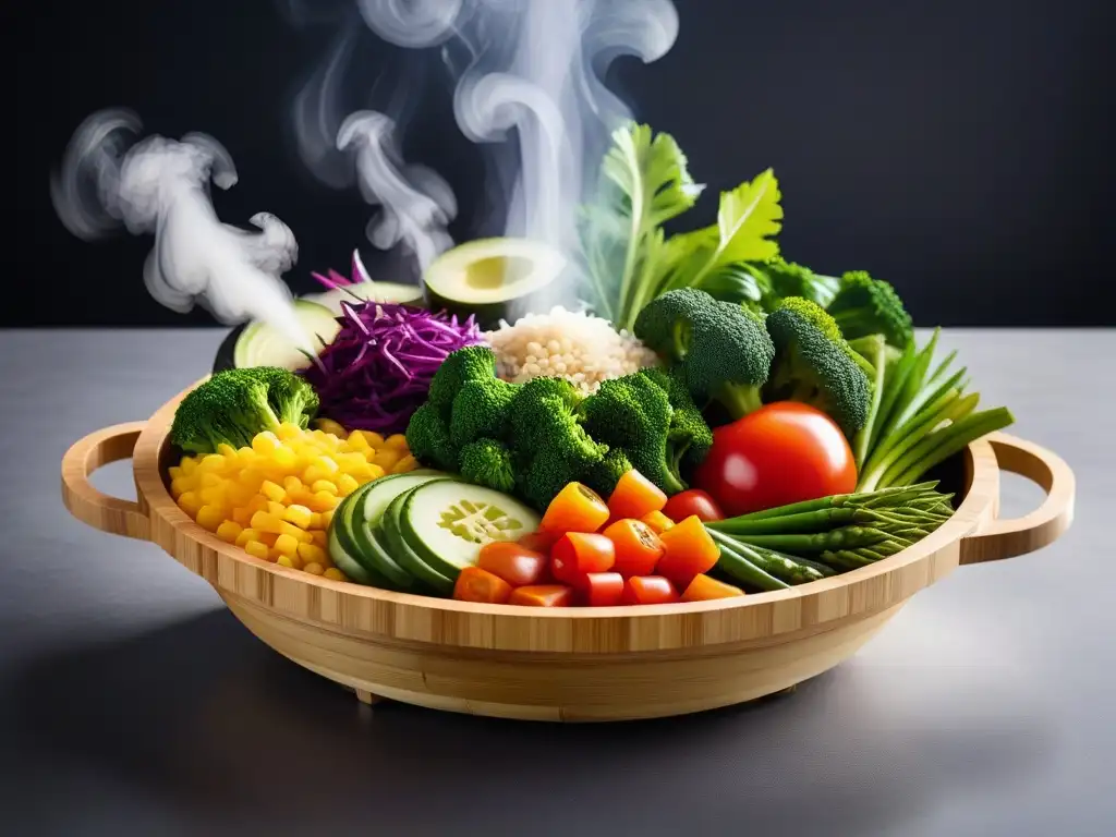 Vaporera para cocinar platos veganos: coloridas verduras al vapor en presentación artística