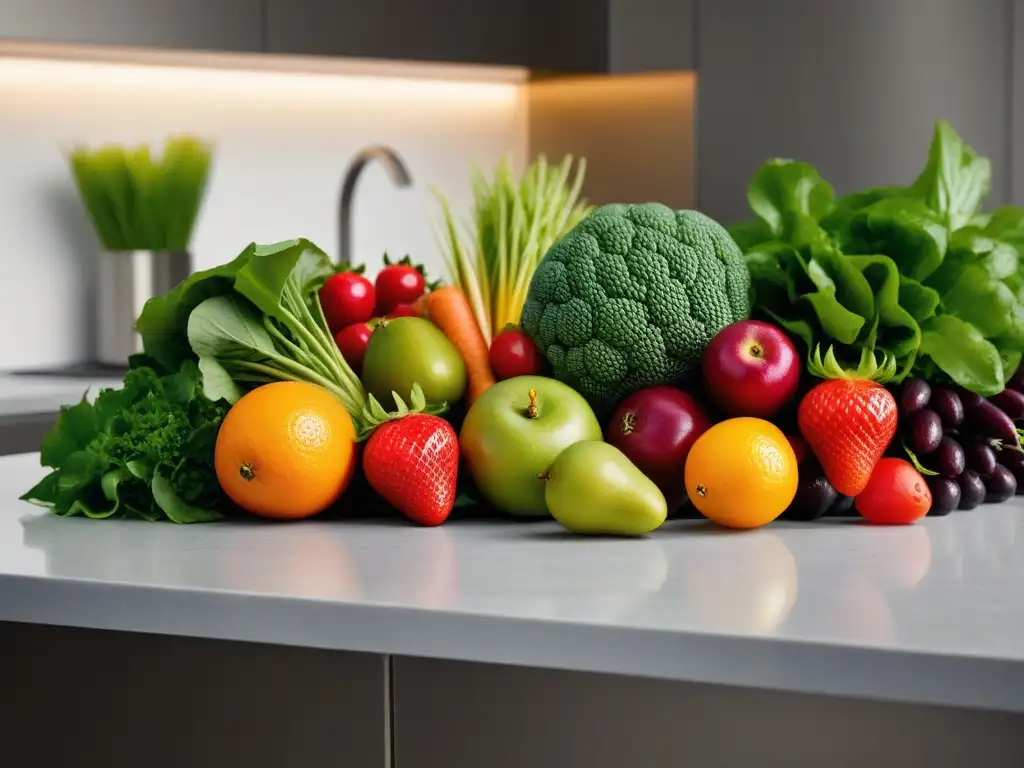 Una variada selección de frutas y verduras frescas y coloridas en una cocina moderna