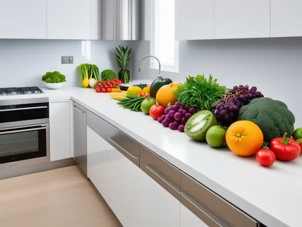 Variada selección de frutas y verduras frescas en una elegante cocina blanca, inspirando la planificación dieta vegana digital