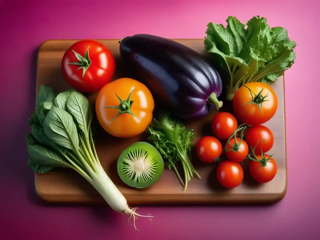 Una variada selección de frutas y verduras de temporada en una tabla de cortar de madera, resaltando la belleza y diversidad de la cocina vegana