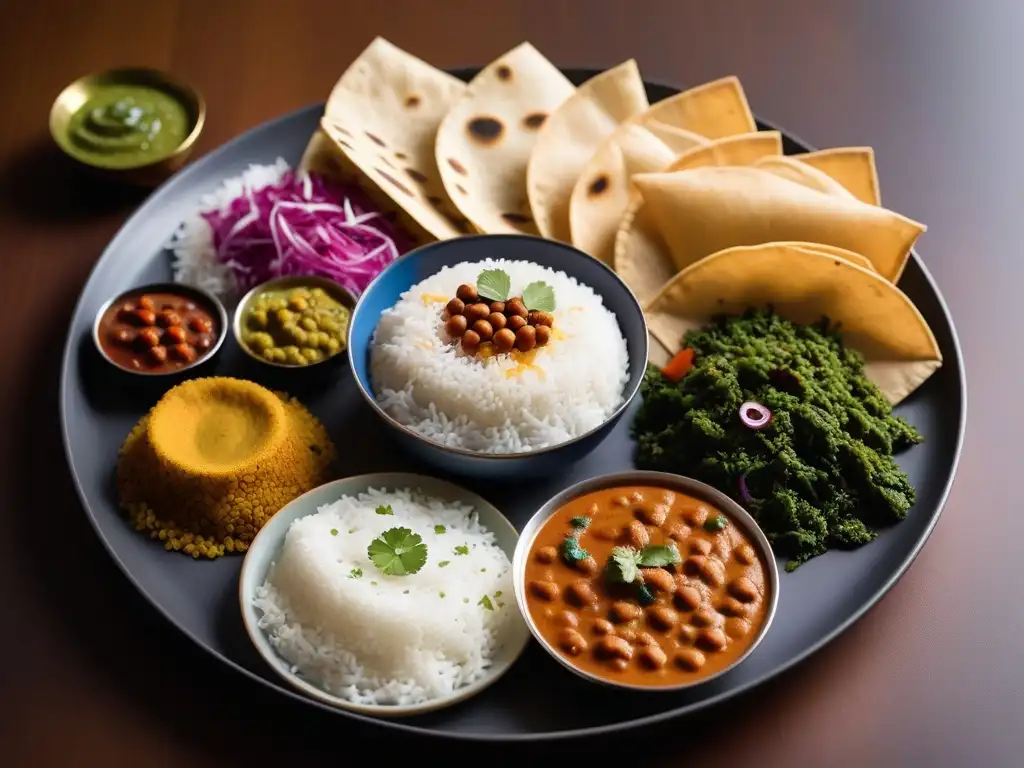 Una variada y vibrante imagen de un thali tradicional indio lleno de platos veganos coloridos con legumbres en cocina vegana india