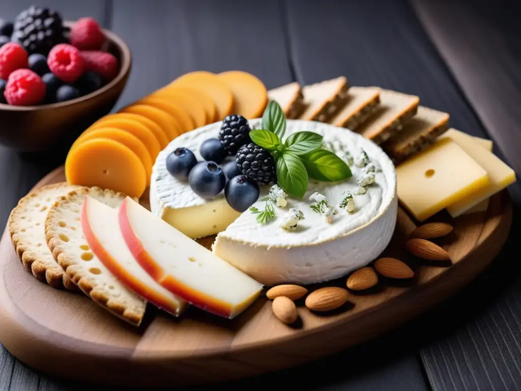 Variadas alternativas caseras de queso vegano en tabla de madera moderna, con detalles y colores que invitan a explorar