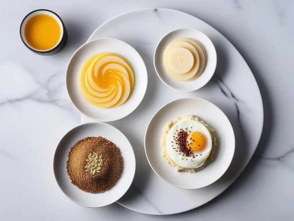 Variadas alternativas veganas para recetas de huevos, presentadas con elegancia y detalle en platos de porcelana sobre mármol