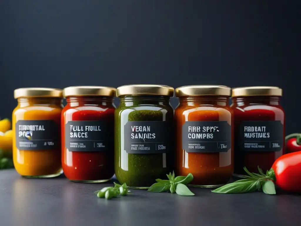 Variadas salsas picantes veganas de intensidad en frascos de vidrio elegantes, con hierbas frescas y especias