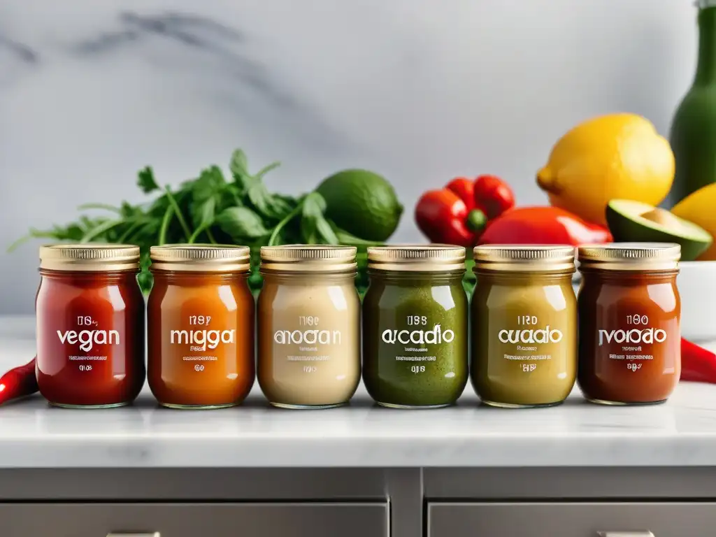 Variadas salsas veganas caseras originales en frascos de vidrio en una cocina minimalista iluminada por luz natural