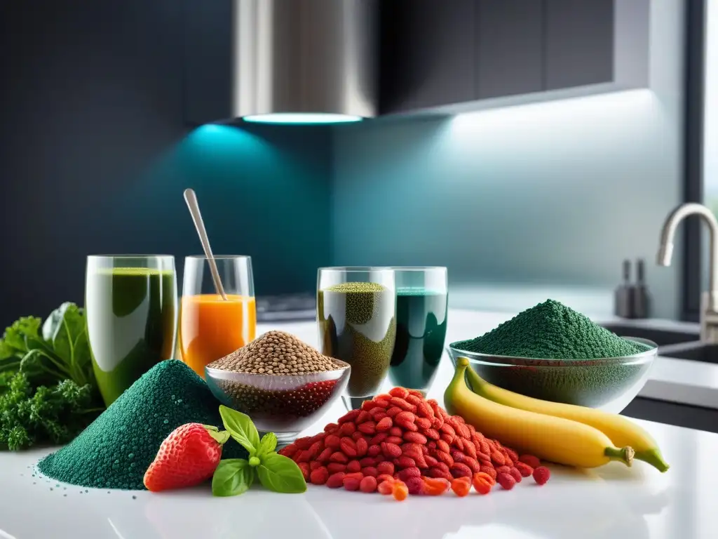 Variadas superfoods veganas en cocina futurista: chía, bayas goji, kale y espirulina