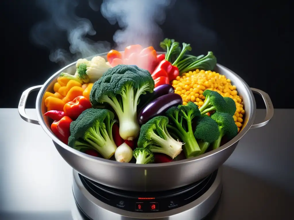 Variadas verduras coloridas cocinadas al vapor en una moderna vaporera de vidrio