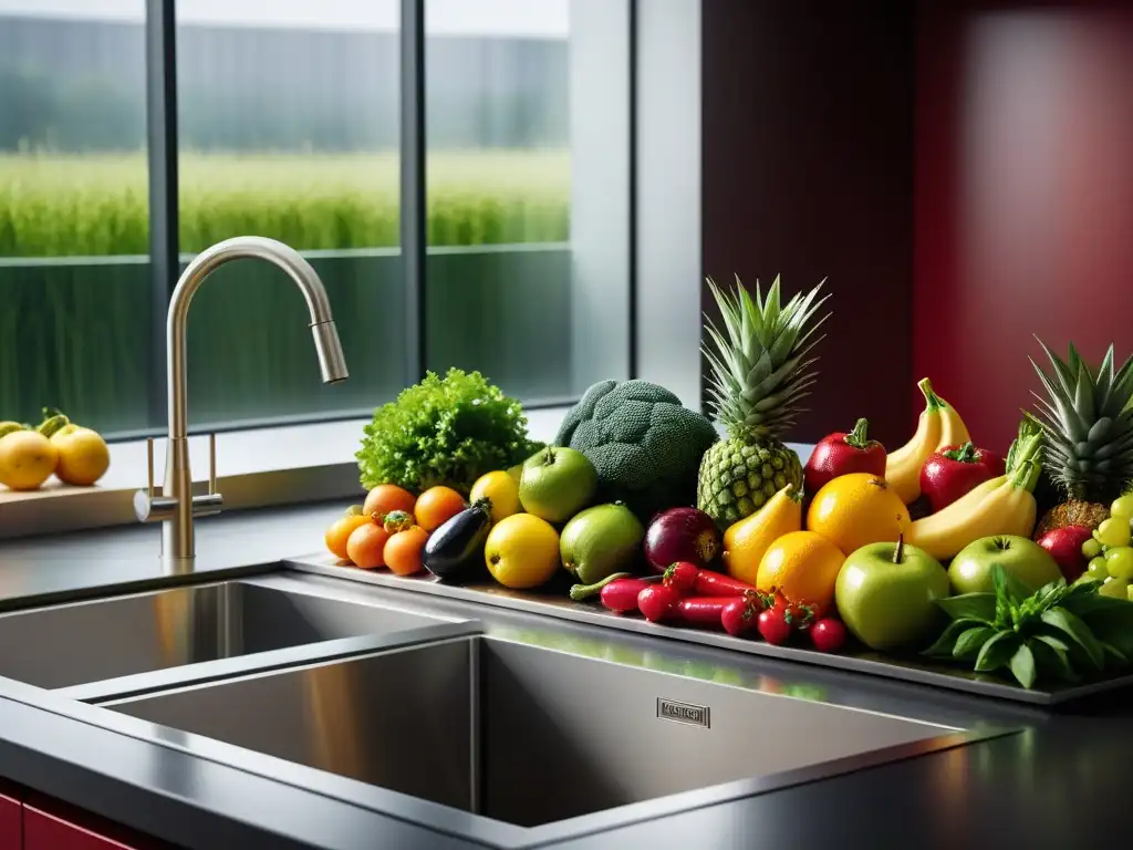 Un variado y colorido arreglo de frutas y verduras lavadas y preparadas en una cocina moderna, transmitiendo frescura y salud