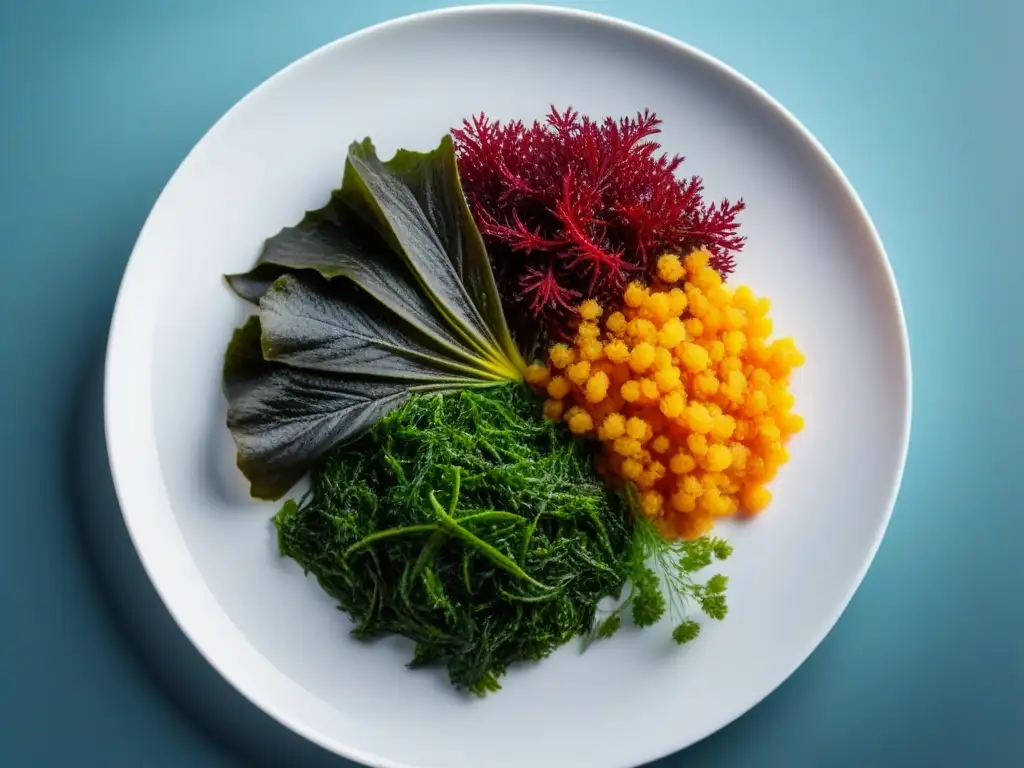 Exquisita variedad de algas marinas en plato moderno Una variedad de algas vibrantes y detalladas en un plato moderno, mostrando los beneficios de las algas para veganos