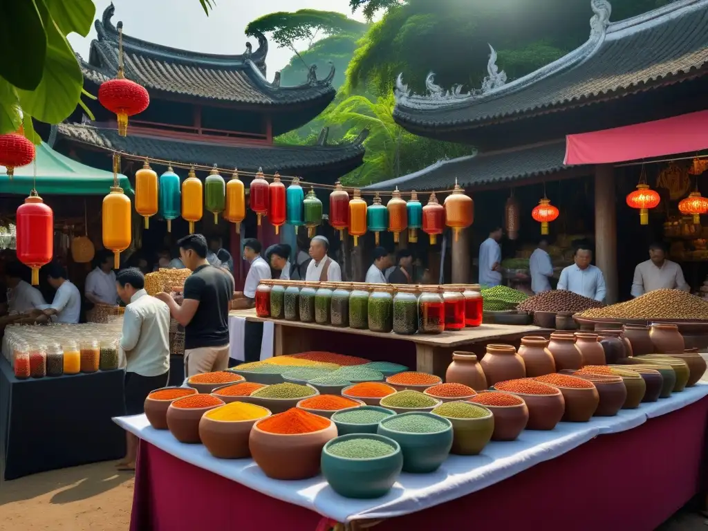 Descubre la variedad de bebidas veganas del sudeste asiático en un mercado bullicioso y colorido