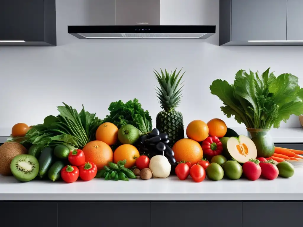 Una variedad colorida de frutas y verduras frescas en una cocina moderna